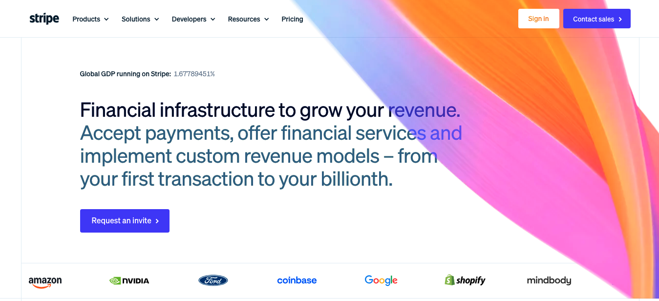 Stripe website design example for modern B2B SaaS businesses