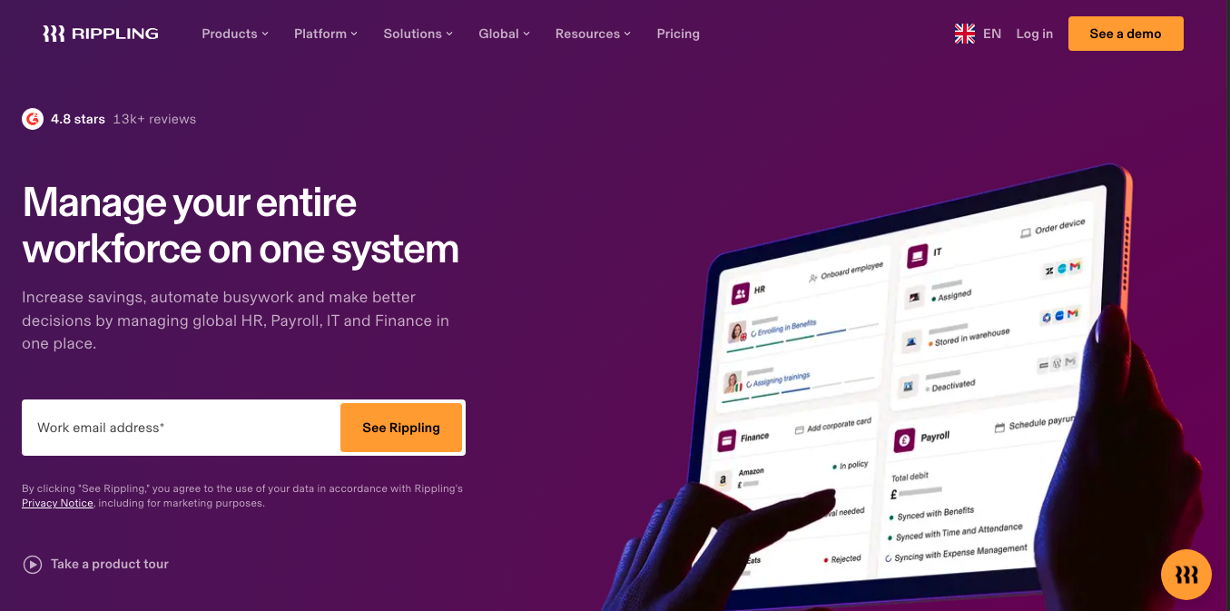 Rippling website design example for modern B2B SaaS businesses