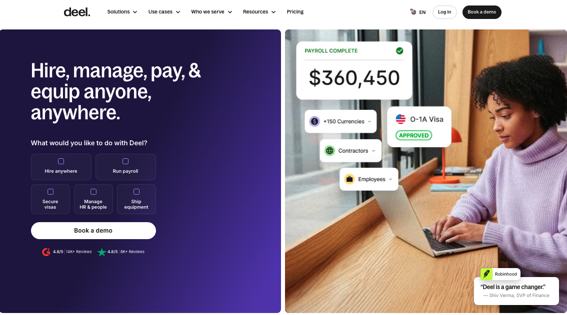 Deel website design example for modern B2B SaaS businesses