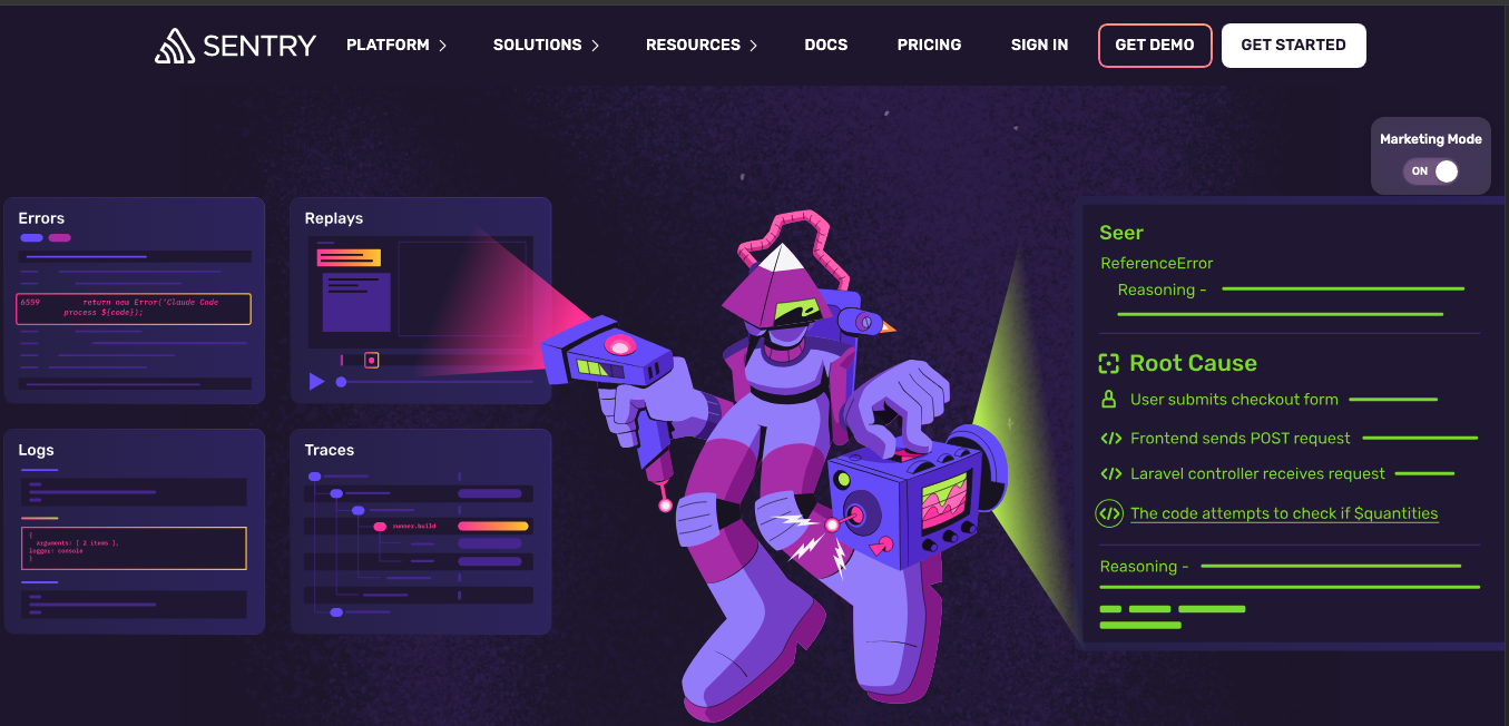Sentry website design example for modern B2B SaaS businesses